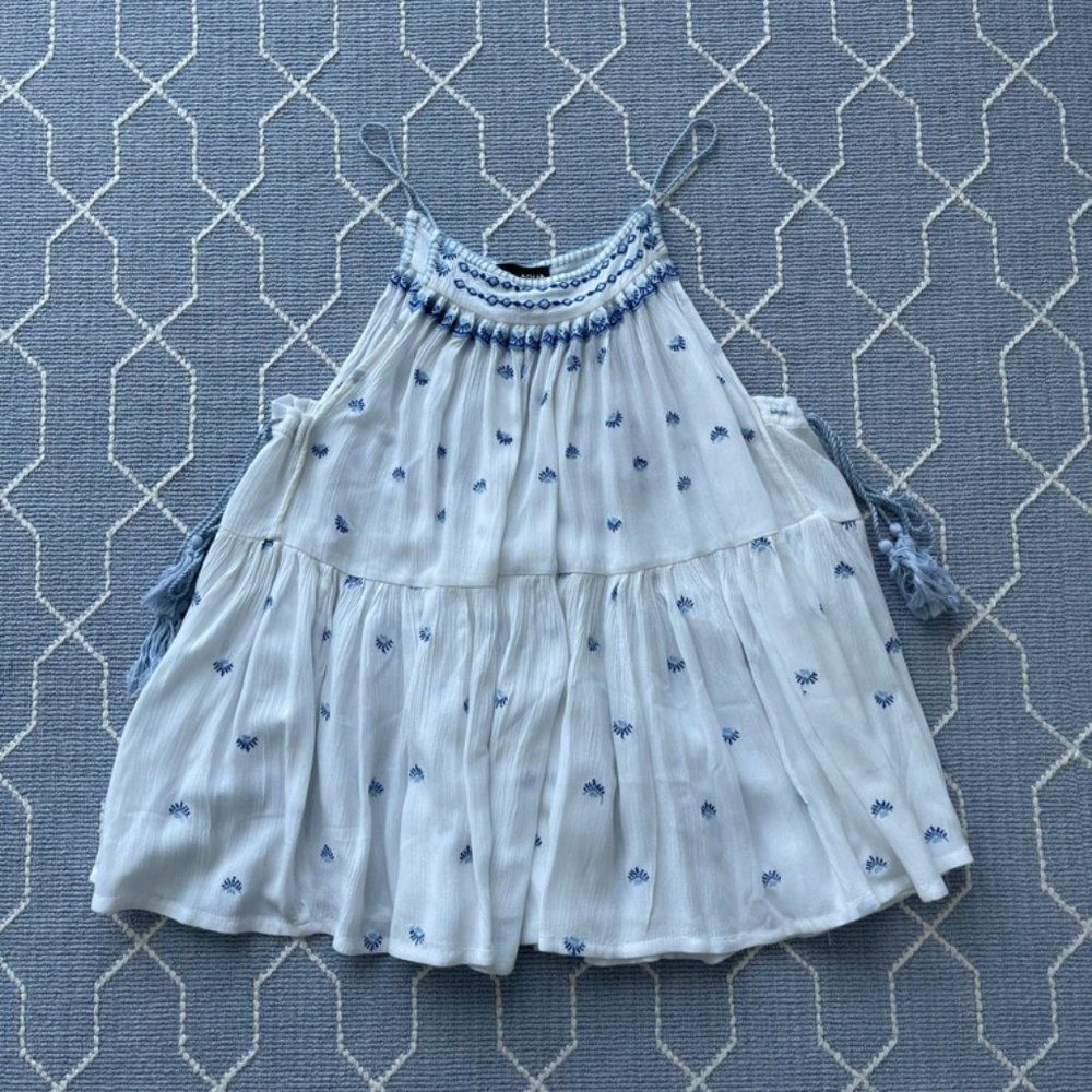Aqua White and Blue Embroidered Top with Tassels- Size Small